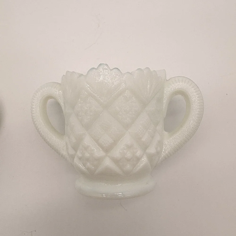 Vintage Milk Glass Creamer Sugar Bowl Set Diamond Point Starburst Farmhouse